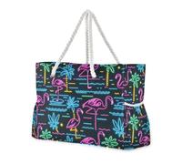 Summer Neon Flamingo Coconut Tree Sandproof Zipper Tote Bag con tasche laterali Borsa da lavoro con portabicchieri sul lato