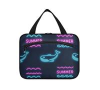 Summer Neon Whale Wave Black Hanging Cosmetic Bag per le donne con gancio, borsa essenziale di design con scomparti per il trucco di viaggio vacanza bolsas para maquillaje L
