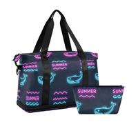 Summer Neon Whale Wave Black Weekender Duffel Pernottamento con Tasca Bagnata Cinghia Regolabile Tote Bag per Allenamento Grande Capacità per Uomini Donne