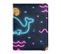 Summer Neon Whale Wave Nero Cuoio decorativo porta passaporto per le donne di viaggio Documenti di Viaggio Organizer Protector Passaporto Caso Leggero, Estate neon Whale wave nero, 1 size