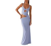Summer New Women's Spaghetti Strap Hollow Irregular Sleeveless Long Dress, V-Neck Backless Slimming Sexy Cocktail Party Dance (IT, Testo, S, Regular, Regular, Blue)