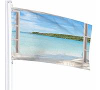 Summer Seascape Flag Decor 3x5 Ft Finestra aperta Vista sul mare Viaggio Spiaggia Cielo blu Poliestere Motivo stampato Decorazioni per esterni per case e giardini