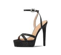 Summer Silk Platform Crystal Belt Buckle Banquet Shoes Round Toe Super High Heel Sexy Word-Cingulate Sandals(Black 25 * 27 * 13CM,Color36)