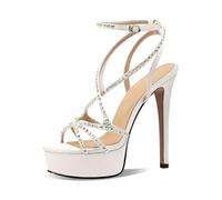 Summer Silk Round Toe Open Platform Super High Heel Sexy Crystal Word-Cingulate Ankle Strap Sandals(White 13cm,40)