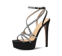 Summer Silk Round Toe Open Platform Super High Heel Sexy Crystal Word-Cingulate Ankle Strap Sandals(Black 10CM,38)