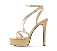 Summer Silk Round Toe Open Platform Super High Heel Sexy Crystal Word-Cingulate Ankle Strap Sandals(Champagne 13cm,35)
