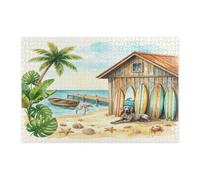 Summer Weimaraner - Puzzle da spiaggia per adulti, 1000 pezzi, puzzle in legno con cucciolo costiero e cottage, motivo tropicale, decorazione per la casa