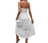 Summer Women's White Dress Lace Insert Tube A-Line Midi Dress Sleeveless High Waist Casual