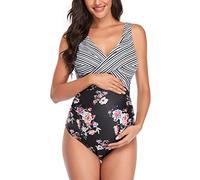 SUMMERSUNSHINE Costume da Bagno Intero Premaman con Incrocio Anteriore Costume da Bagno per Gravidanza Bikini Premaman Nero Floreale L