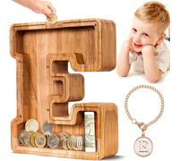 SummiDate Salvadanaio a forma di lettera in legno, salvadanaio per bambini e bambine, salvadanaio con lettera dell'alfabeto E, regalo di compleanno per bambini, regalo per bambini (iniziale E)
