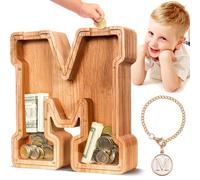 SummiDate Salvadanaio in legno a forma di maialino con lettera dell'alfabeto M, regalo di compleanno per bambini, regalo di compleanno per bambini (M)