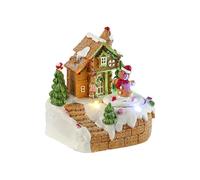 SUMMITDRAGON Resina Rotante Musica Figurine Neve Casa Scena Ornamento Per Desktop Natale Desktop Decorazione Con Luce LED Casa A Tema LED