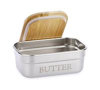 SUMNACON Burriera in acciaio inox con coperchio in bambù per piano di lavoro, robusta scatola per burro, campana per burro, 1 pezzo di burro East West Coast argento al centro
