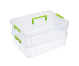 SUMNACON Scatola portaoggetti impilabile a 2 livelli in plastica regolabile con maniglia per il trasporto, scatole trasparenti per giocattoli e artigianato, accessori da cucito, colore: verde