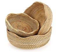Sumnacon Set di 3 cestini rotondi in rattan intrecciato per frutta, pane, snack, tavolo, scrivania, piano di lavoro, cestini portaoggetti decorativi (bordo ondulato)