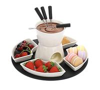 SUMNACON Set di pentole al cioccolato in ceramica con pallet in legno, 4 forchette, 4 piatti, per fonduta di formaggio, fonduta di cioccolato, formaggio, feste di compleanno, feste di vacanza