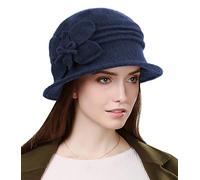 Sumolux Berretto da donna Cappello francese vintage floreale in lana cloche classico cappello invernale anni '20, D Blu Navy, L