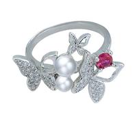 Sumpgle Anello a fiocco con perle coltivate e micro zirconi cubici, stravagante, vintage, regalo per donne, 8