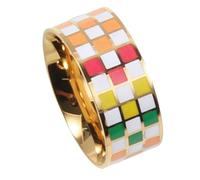 Sumpgle Anello astratto moderno bianco e nero a scacchiera modello in acciaio al titanio dichiarazione artista gioielli regalo per le donne, 8, Placcato oro 18 carati