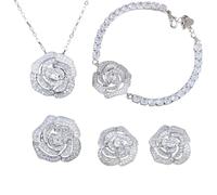 Sumpgle Set di gioielli con motivo floreale e camelia rosa in filigrana con micro pavé di quattro pezzi, anello e bracciale regolabile per le donne