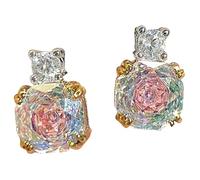 Sumpgle Set di gioielli ottagonali con cristalli tagliati a rosa, 3 pezzi, collana, orecchini, anello, regalo per donne, zircone rosa con accenti rossi, Ring-Adjustable