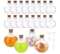 SUMTree Confezione da 20 bottiglie in plastica a forma di sfera da 241 g, con tappo in sughero, contenitori trasparenti con 5 mini imbuti per bevande per feste, pozioni magiche, artigianato fai da te,