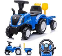 sun baby Macchinina Cavalcabile per Bambini licenza New Holland, Macchina a spinta da 12 mesi, licenza, pala e rastrello, clacson, suono del motore (Blu)