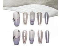 Sun&Beam Nails Aurora - Unghie finte medie lunghe a forma di bara di ballerina, da incollare, dipinte a mano, a pois, design francese, con cuscinetti adesivi, 10 pezzi (#182 L)
