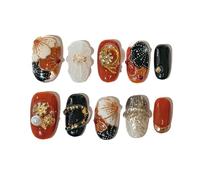 Sun&Beam Nails Chiodi artificiali fatti a mano, corti, rotondi, da incollare, in rosso, nero, oro, 3D, dipinti a mano, con cuscinetti adesivi, 10 pezzi (#216 L)