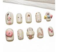 Sun&Beam Nails Chiodi artificiali fatti a mano, forma di squovale, rotondi, da incollare, in bianco, rosa, giallo, blu, dipinti a mano, in polic-gel, con cuscinetti adesivi, 10 pezzi (#185 L)