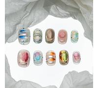 Sun&Beam Nails Chiodi artificiali fatti a mano, forma di squovale, rotondi, da incollare, in blu, verde, arancione, viola, dipinti a mano, 3D, con cuscinetti adesivi, 10 pezzi (#206 S)