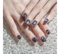 Sun&Beam Nails Chiodi artificiali fatti a mano, forma di squovale, rotondi, da incollare, in nero, magnetico, lucido, disegno dipinto a mano, con cuscinetti adesivi, 10 pezzi (#233 S)