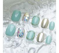 Sun&Beam Nails Chiodi artificiali fatti a mano, forma di squovale, rotondi, da incollare, in verde, oro, brillanti, dipinti a mano, con cuscinetti adesivi, 10 pezzi (#181 M)