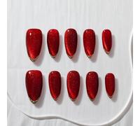 Sun&Beam Nails Handmade Press On Unghie a forma di mandorla rosso oro pizzo francese lucido medio 10 pezzi solido (#298 M)