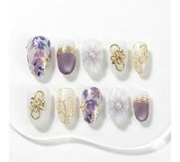 Sun&Beam Nails Handmade Press On Unghie Forma Rotonda Bianco Viola Perle Oro Lucido Breve 10 Pezzi Riutilizzabile Ufficio (#315 L)