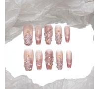 Sun&Beam Nails Set di 10 unghie finte fatte a mano, a pressione, a forma di ballerina, rosa, bianco e argento, design natalizio 3D, alla moda, 10 pezzi (#196 XS)