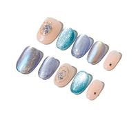 Sun&Beam Nails Set di 10 unghie finte fatte a mano, rotonde, blu, viola, con magnete graduato, design minimalista, alla moda, set da 10 pezzi (#219 L)