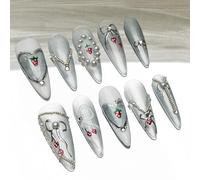 Sun&Beam Nails Unghie artificiali fatte a mano lunghe Stiletto mandorla da incollare in argento bianco rosso paillettes perline fiori design con cuscinetti adesivi 10 pezzi (#173 L)