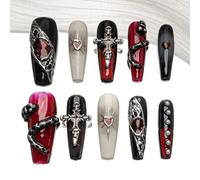 Sun&Beam Nails Unghie Artificiali Fatte A Mano Lunghi Coffin Ballerina Da Incollare in Rosso Bianco Nero Argento Glamour Halloween Ombre Design con Pastiglie di Colla 10 Pezzi (#189 S)