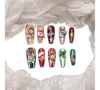 Sun&Beam Nails Unghie finte fatte a mano, a forma di bara, a forma di ballerina, da incollare, in rosso, verde, bianco, marrone, Natale, design 3D, con cuscinetti adesivi, 10 pezzi (#195 M)