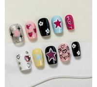 Sun&Beam Nails Unghie finte fatte a mano a forma di bara corta ballerina unghie da incollare in bianco nero Y2K dolce design estivo con cuscinetti adesivi, 10 pezzi (#272 XS)