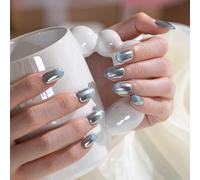 Sun&Beam Nails Unghie finte fatte a mano con mandorle corte da incollare, in blu, argento, Aurora, design lucido, con cuscinetti adesivi, 10 pezzi (#221 L)