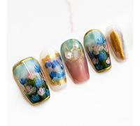 Sun&Beam Nails Unghie Finte Fatte a Mano Corte Medie Ballerina Bara da Applicare in Verde Oro con Design 3D Perle e Fiori con Adesivi 10 Pezzi (#013 XS)