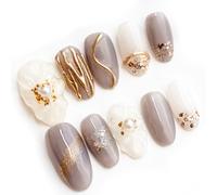 Sun&Beam Nails Unghie Finte Fatte a Mano Corte Ovali da Applicare in Grigio Oro Marrone con Design 3D Perle e Fiori con Adesivi 10 Pezzi (#014 M)