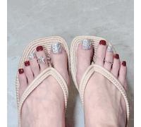 Sun&Beam Nails Unghie finte fatte a mano, corte per dita dei piedi, da incollare, in rosso, argento, strass, design dipinto a mano, con cuscinetti adesivi, 12 pezzi (#229 L)