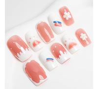 Sun&Beam Nails Unghie Finte Fatte a Mano Corte Quadrate da Applicare in Rosa Bianco con Design Fiori e Latte e Adesivi 10 Pezzi (#026 XS)
