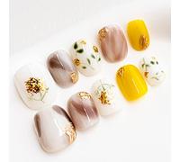Sun&Beam Nails Unghie Finte Fatte a Mano Corte Rotonde da Applicare in Bianco Oro con Fiori e Glitter Design con Adesivi 10 Pezzi (#005 S)