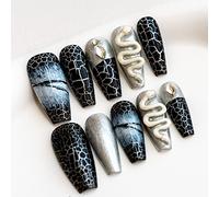 Sun&Beam Nails Unghie Finte Fatte a Mano di Lunghezza Media Ballerina Bara da Applicare in Nero Argento con Design 3D Serpente Opaco con Adesivi 10 Pezzi (#007 L)