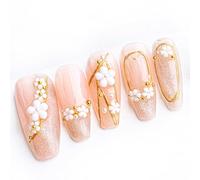 Sun&Beam Nails Unghie Finte Fatte a Mano di Lunghezza Media Ballerina Bara da Applicare in Rosa Bianco Oro con Design 3D Fiori e Fiori di Prugno con Glitter e Adesivi 10 Pezzi (#010 L)