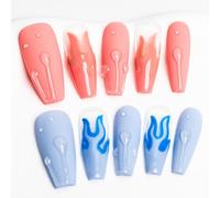 Sun&Beam Nails Unghie Finte Fatte a Mano di Lunghezza Media Ballerina Bara da Applicare in Rosa Blu con Design Fiamma e Ghiaccio e Adesivi 10 Pezzi (#025 M)